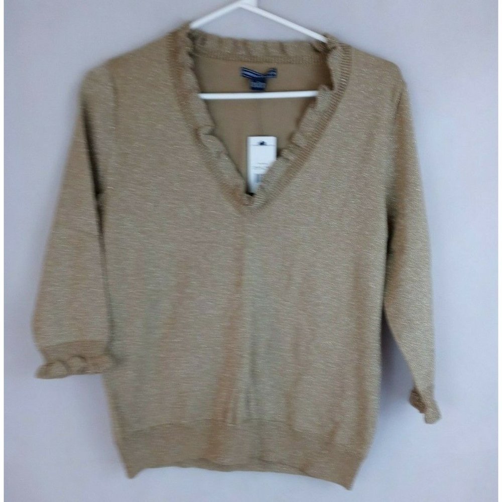 New American Living Women's Gold Metallic Ruffle Neckline Blouse Size Large